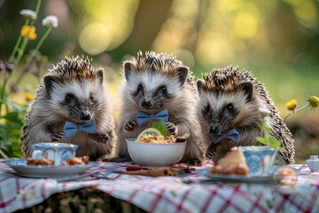 family of hedgehogs hosting a fancy dinner party in their burrow, complete with tiny bowties and elegant table settings. - 780639391