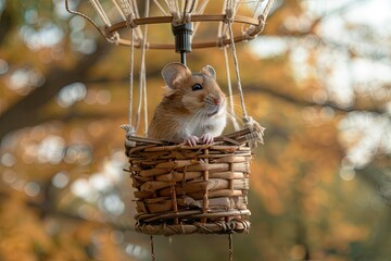 hamster piloting a tiny hot air balloon made from a balloon and a wicker basket, exploring the skies above the backyard - 780639393