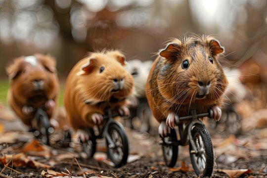 A group of guinea pigs riding miniature bicycles through an obstacle course in the backyard, competing for the title of fastest furry racer