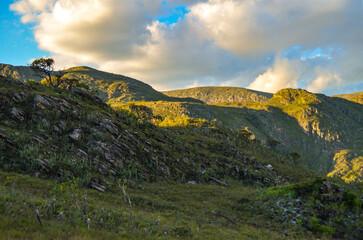 Sunset in the Serra do Cipó mountains in Brazil. Coloring the high altitude fields yellow.