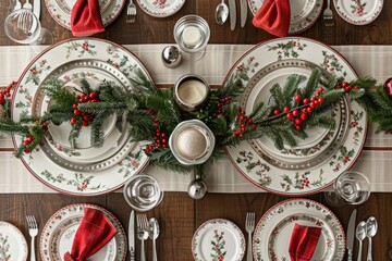 A Christmas table set with silverware and red napkins, featuring festive dinnerware and centerpiece - Powered by Adobe