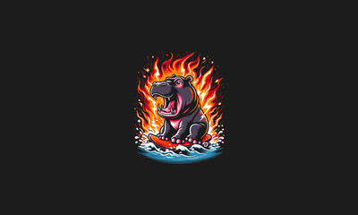hippo with flames vector angry flat design - obrazy, fototapety, plakaty