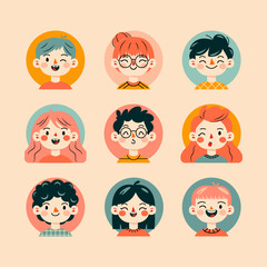 Portrety ludzi. Różne twarze i fryzury. Zabawne postacie. Awatar, urocze komiksowe buzie. Ręcznie rysowane ilustracje wektorowe. - 780639538