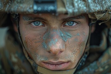 Intense close-up of a young soldier's face smeared with mud and piercing blue eyes