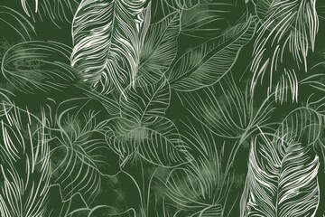 A green and white leafy patterned background with a white
