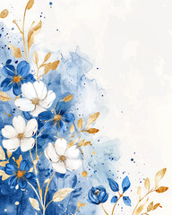 Watercolor Gold and Blue Floral Background with Copy Space