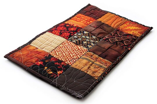 Quilted fabric placemat, patchwork style with multiple textures and patterns, isolated on white, cozy and homely vibe.