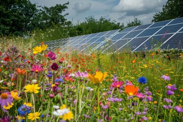 A field of blooming wildflowers with a solar panel installation integrated within the landscape
