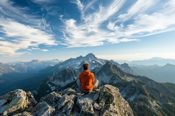 A man sitting atop a mountain peak, gazing at the sky in reflection and success