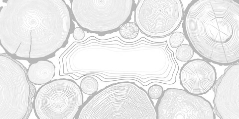 Frame made of log cut, seamless pattern, vector banner, tree rings pattern, shades of gray	