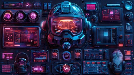 Future modern objects from 2077 set of VR elements. Cyberpunk style interface objects for your application or software. - obrazy, fototapety, plakaty