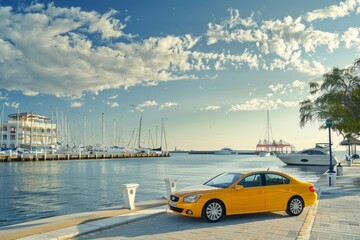 A yellow car is parked on the side of the water, with a scenic waterfront backdrop