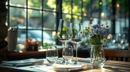 Glasses, flower fork, knife served for dinner in cozy restaurant
