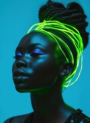 African woman with neon green hair and makeup on blue background vibrant beauty portrait with colorful style