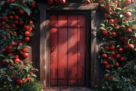 A wooden door stands in a stunning cherry garden brought to life in a D render, Generated by AI
