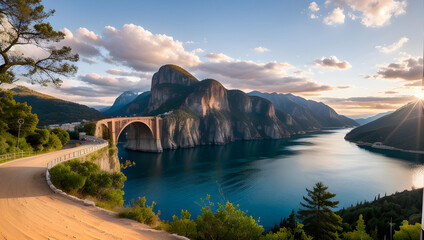 Un hermoso puente de piedra junto a una costa pacífica