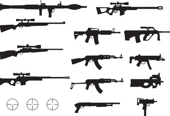 Set of Various Rifles Weapons -Vector Silhouettes 
