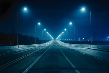 Misty night on an empty highway with glowing streetlights leading into the distance, creating a mysterious and moody atmosphere.