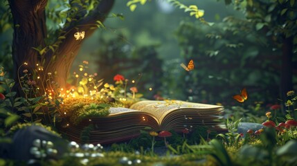 Fantasy and literature concept. 3D style Illustration of magical book with fantasy stories inside it. The concept for World Book Day background with copy space. Beautiful background. - obrazy, fototapety, plakaty