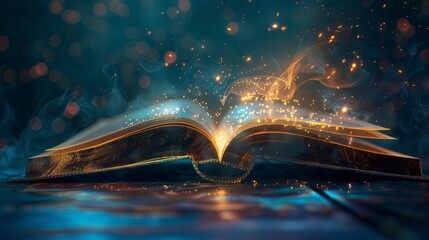Fantasy and literature concept. 3D style Illustration of magical book with fantasy stories inside it. The concept for World Book Day background with copy space. Beautiful background. - obrazy, fototapety, plakaty