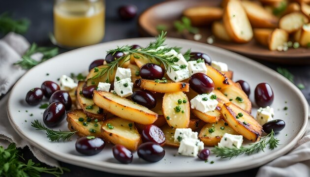 Greek fried potatoes with feta cheese, kalamata olives, parsley and dill
