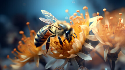 Bee hovering over a vibrant flower in nature's colorful landscape