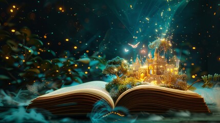 Fantasy and literature concept. 3D style Illustration of magical book with fantasy stories inside it. The concept for World Book Day background with copy space. Beautiful background.
