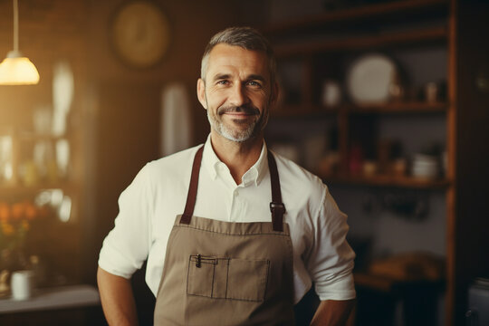 AI generated image of smiling male chef standing in a restaurant kitchen
