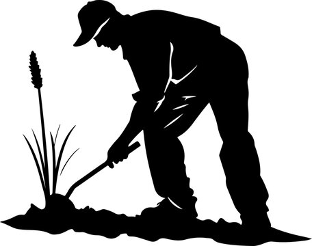 recommend clip art: A strong silhouette of a farmer tilling the soil, depicting agriculture, cultivation, and rural life.