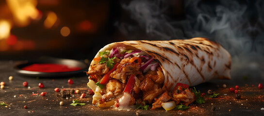 chicken shawarma fast food , turkey shawarma , steam rising, smokey , blur background , istanbul