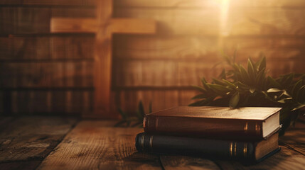 A tranquil scene of a holy bible against a wooden cross backdrop,