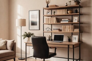 Aesthetic working room or office with a wooden desk, chair, and furniture in a beige color theme. Cozy Home Office Concept.
