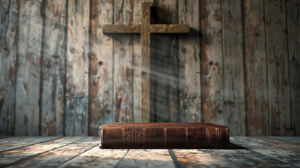 A tranquil scene of a holy bible against a wooden cross backdrop,