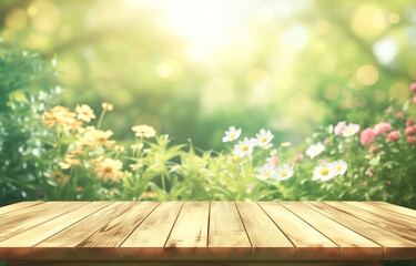 Empty wooden table top with a blur background of a flower garden in spring, for product display montage. The background features a garden and sunlight flare bokeh. a garden theme background.
