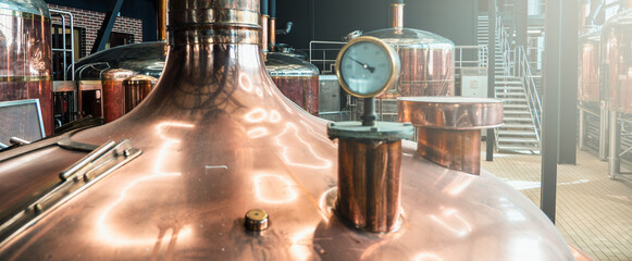 Copper brewery equipment in modern craft beer facility.