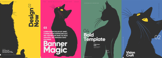 A series of minimalistic posters featuring black cat silhouettes with contrasting typography. - obrazy, fototapety, plakaty
