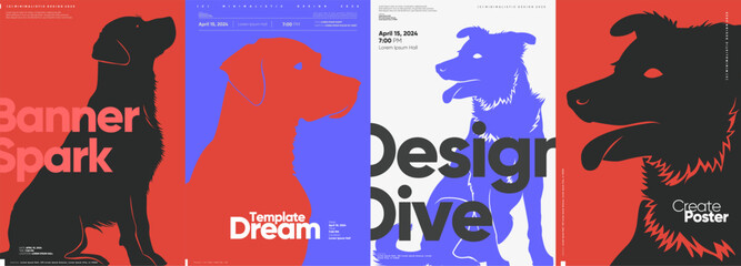 A collection of minimalist posters with dog silhouettes and large typographic elements.