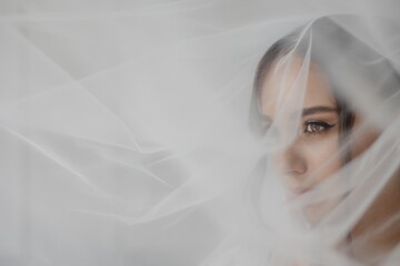 Elegant bride with beautiful eyes and dark hair wearing a white veil on her wedding day