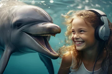  People swimming with dolphins aquapark Generative AI creation colorful summer picture selfie © Tetiana