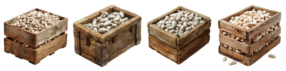 Wooden Box Full Of Great Northern Beans Hyperrealistic Highly Detailed Isolated On Transparent Background Png