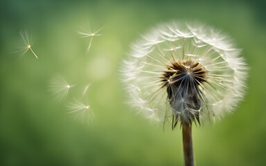 A delicate dandelion seed head against a gentle, blurred green background, symbolizing fragility and the passage of time