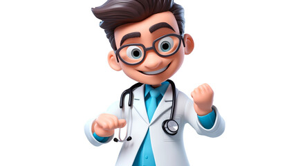 Cartoon character caucasian man doctor with stethoscope in doctor uniform, celebrating a victory. Healthcare assistant advice, medicine science isolated on PNG transparent or white background.
