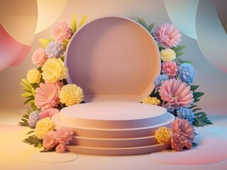 Pink empty podium display for product mockup surrounded by spring flowers on pastel background 