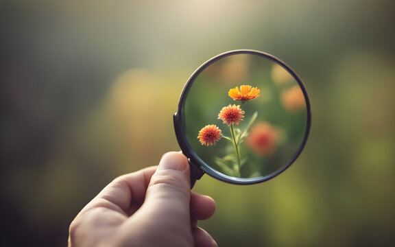 A hand holding a magnifying glass focusing on a tiny, perfect flower against a blurred natural background, symbolizing attention to detail and discovery