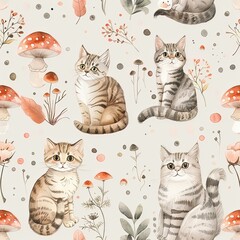 Lovely, pretty watercolor seamless pattern  of cat and flowers, leaves, mushrooms. For fabric, silk, printing.