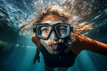 Fototapeta premium AI generated photo picture of happy diver swimming exploring underwater world