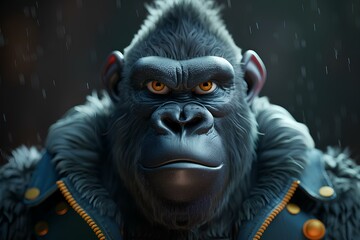 A close up of a gorilla wearing a jacket
