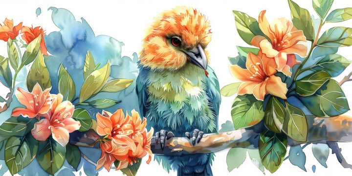 Kakapo crafting spells with ancient feathers, watercolor clipart, mage of the nocturnal silence