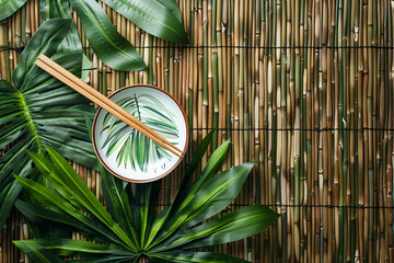Tropical placemat pattern, lush greenery print on bamboo table, top view, vibrant and fresh.