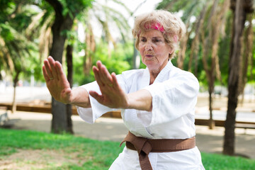 Old lady exercising karate in park